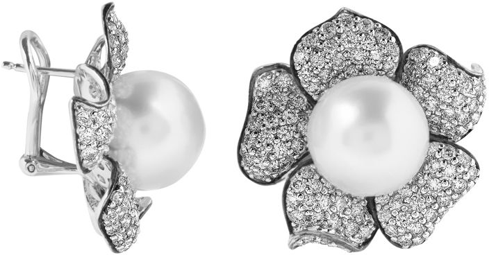 Серьги Цветы с бриллиантами и жемчугом из белого золота (арт. 2080410)
