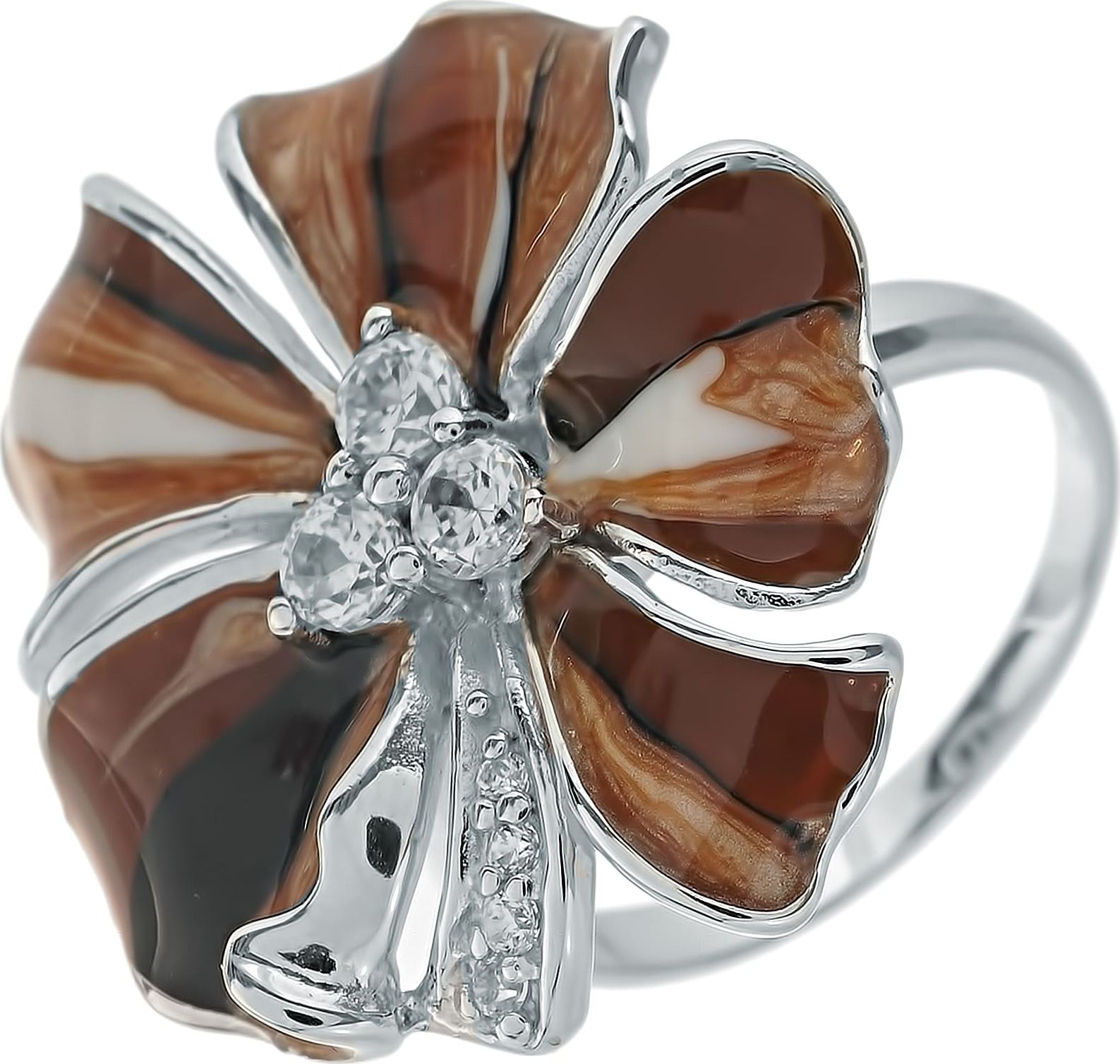 Кольцо Цветок с эмалью и фианитами из серебра (арт. 2140075)