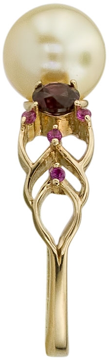 Кольцо с жемчугом, родолитами и фианитами из жёлтого золота (арт. 2183905)