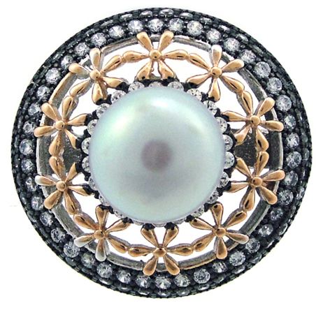 Кольцо с жемчугом и фианитами из серебра (арт. 2391167)
