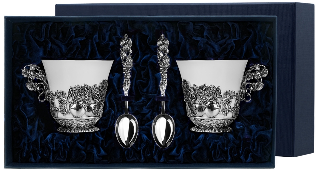 Набор чашек чайных "Натюрморт"+ ложки из серебра (4 предмета) (арт. 2400967)