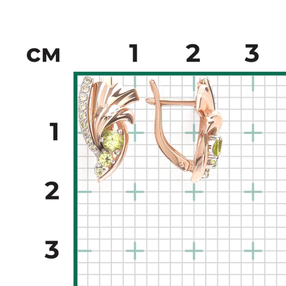 Серьги с хризолитами из комбинированного золота (арт. 2446866)