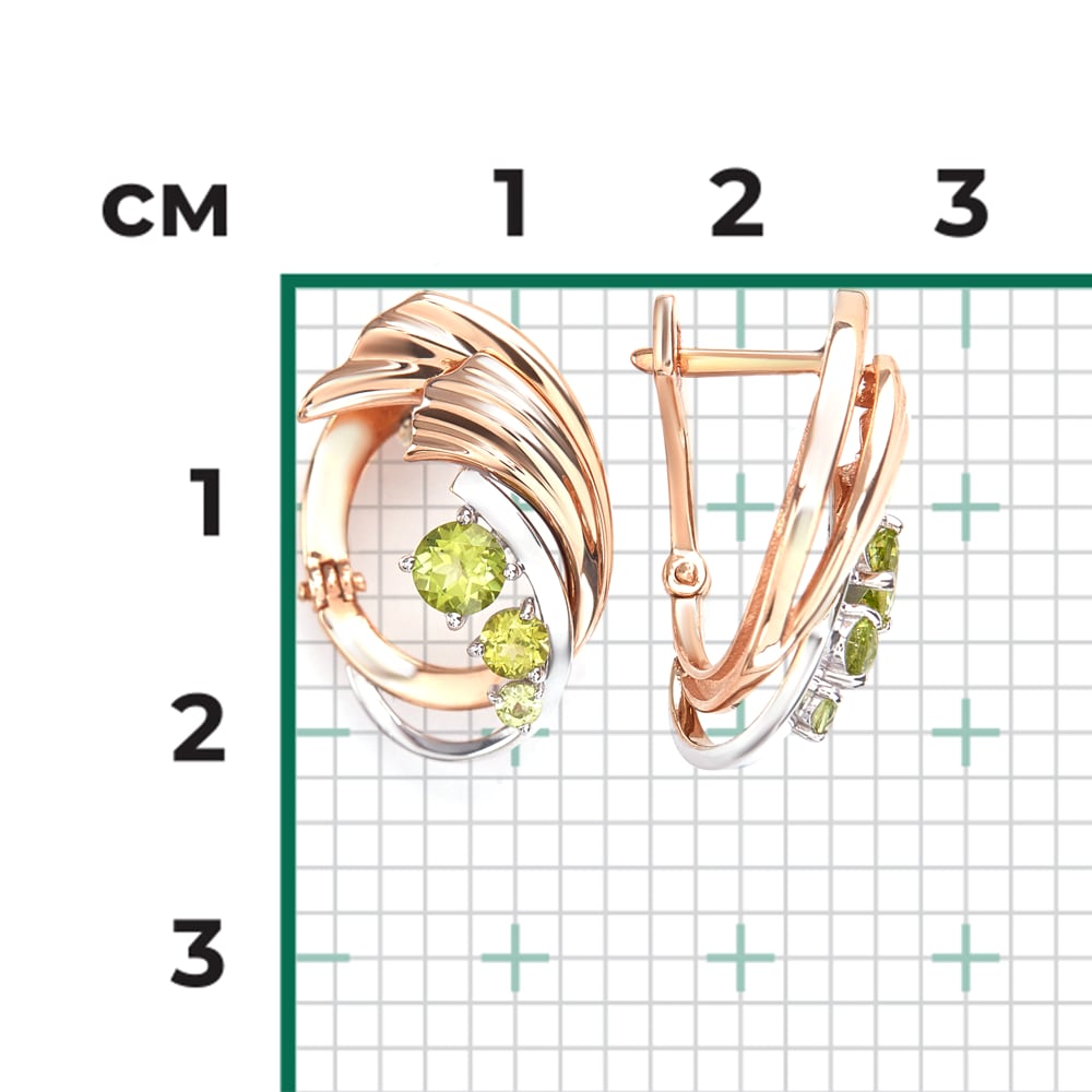 Серьги с хризолитами из комбинированного золота (арт. 2446870)
