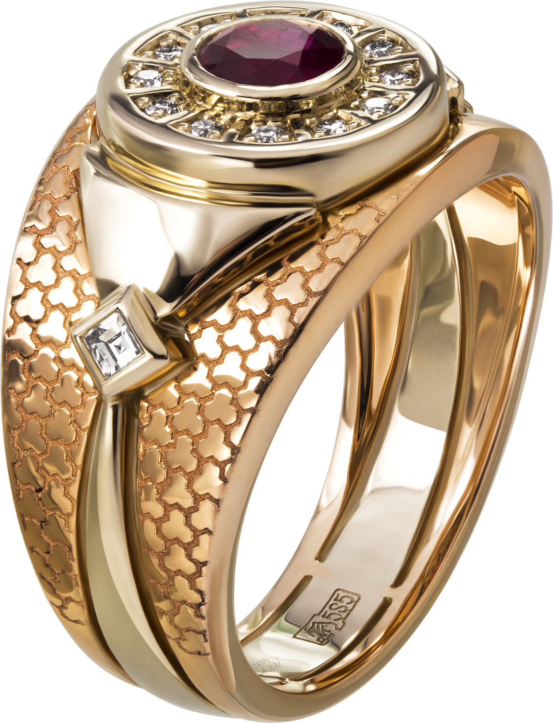 Кольцо с рубином и бриллиантами из комбинированного золота (арт. 2490019)