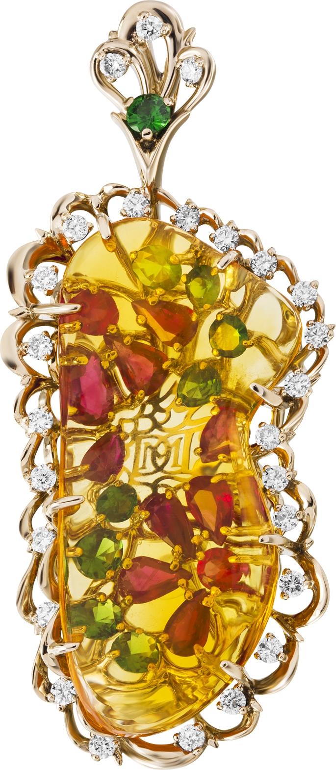 Подвеска с россыпью цветных и драгоценных камней из комбинированного золота (арт. 2490578)