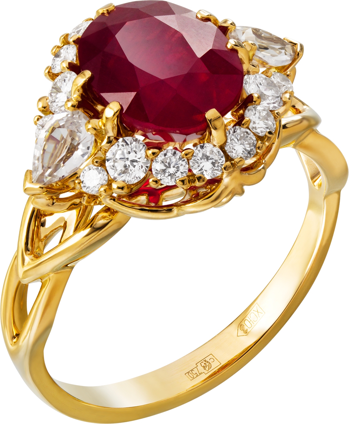 Кольцо с рубином, бриллиантами и сапфирами из жёлтого золота 750 пробы (арт. 2490647)