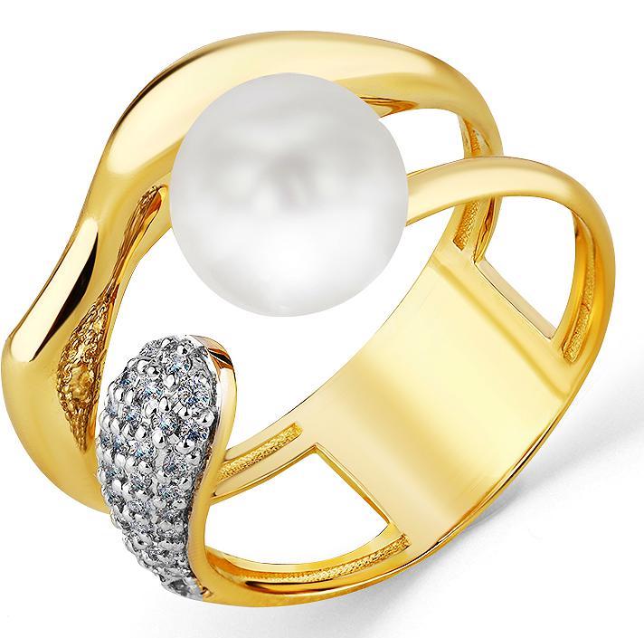 Кольцо с жемчугом и бриллиантами из жёлтого золота (арт. 2500316)