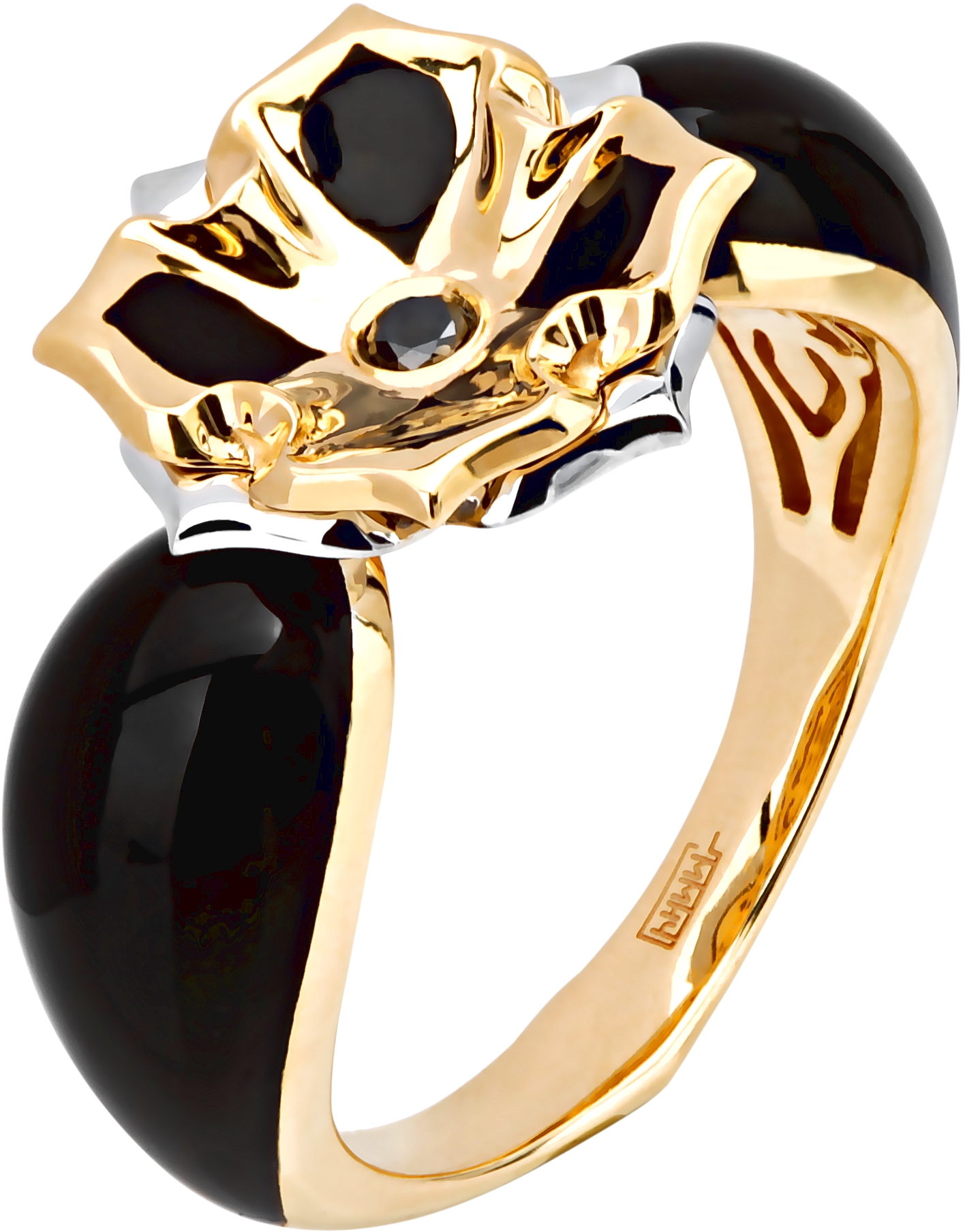 Кольцо Черный цветок с 1 бриллиантом, эмалью из комбинированного золота 750 (арт. 300942)