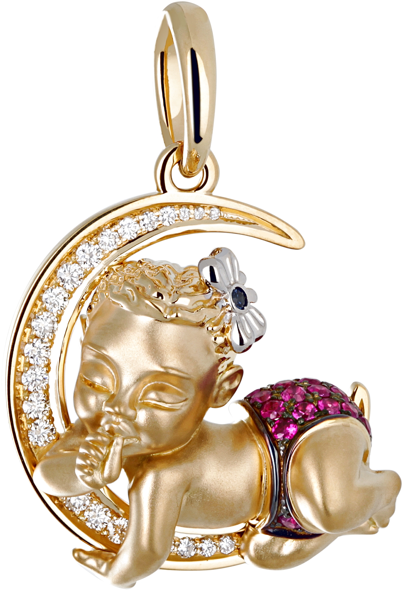 Подвеска Младенец на месяце с бриллиантами, рубинами, сапфиром из желтого (арт. 328316)