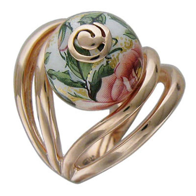 Кольцо Цветы с пластиком, эмалью из серебра с позолотой (арт. 348500)