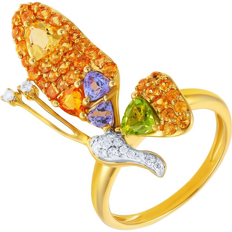 Кольцо с россыпью цветных и драгоценных камней из жёлтого золота (арт. 704793)