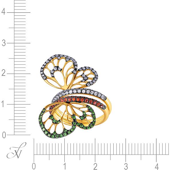 Кольцо с бриллиантами, сапфирами и цаворитами из жёлтого золота (арт. 704989)