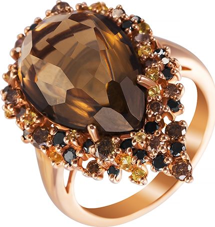 Кольцо с раухтопазом, бриллиантами и сапфирами из красного золота (арт. 705224)
