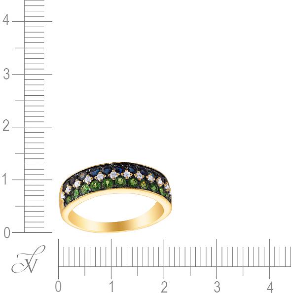Кольцо с сапфирами, цаворитами и бриллиантами из жёлтого золота (арт. 705429)