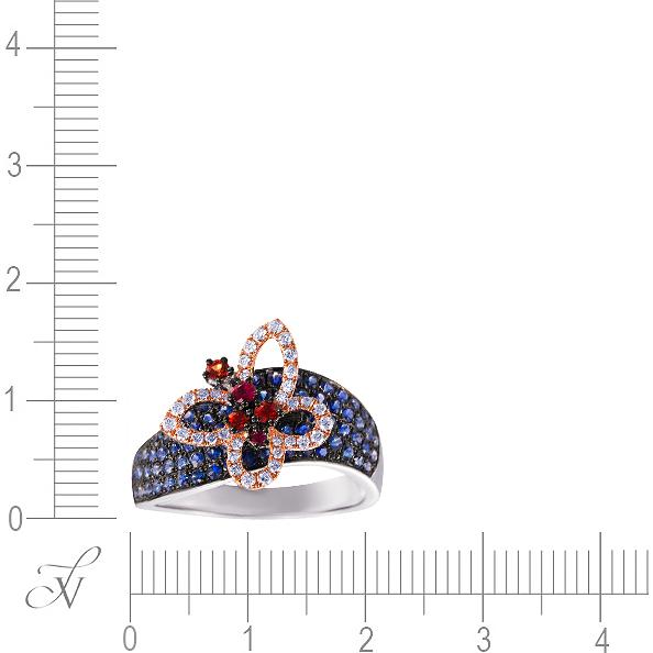 Кольцо Бабочка с сапфирами, бриллиантами и рубинами из белого золота (арт. 705867)