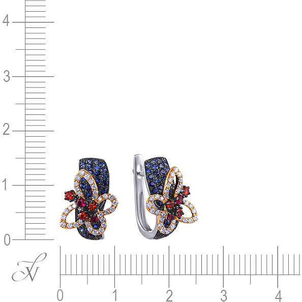 Серьги Бабочки с сапфирами, бриллиантами и рубинами из белого золота (арт. 705884)