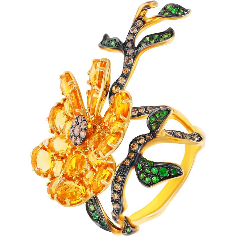 Кольцо Цветок с цитринами, бриллиантами и цаворитами из жёлтого золота (арт. 707607)