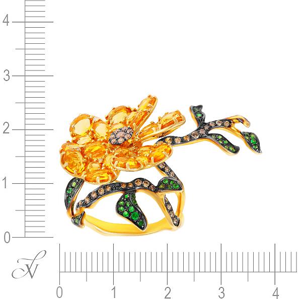 Кольцо Цветок с цитринами, бриллиантами и цаворитами из жёлтого золота (арт. 707607)