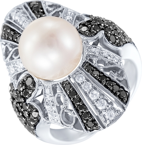 Кольцо с бриллиантами, жемчугом из белого золота (арт. 730450)