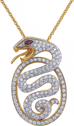 Колье Змейка с бриллиантами и рубином из жёлтого золота (арт. 739551)
