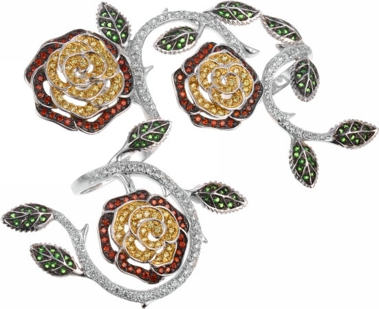 Кольцо Розы на два пальца с фианитами из серебра (арт. 741208)
