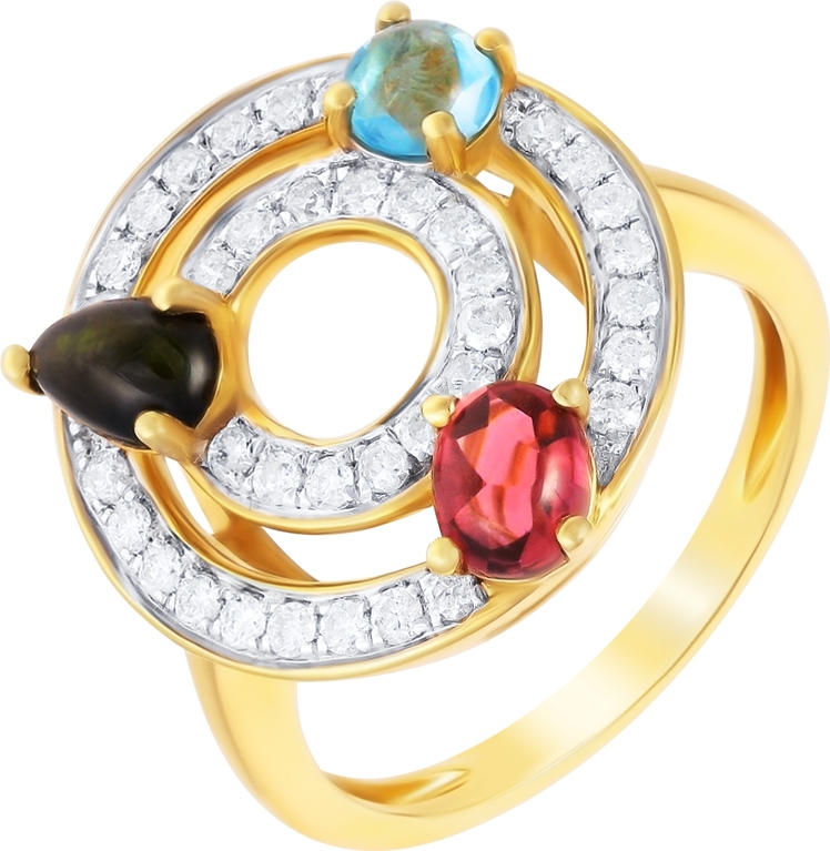 Кольцо с турмалином, бриллиантами и топазом из жёлтого золота (арт. 745407)