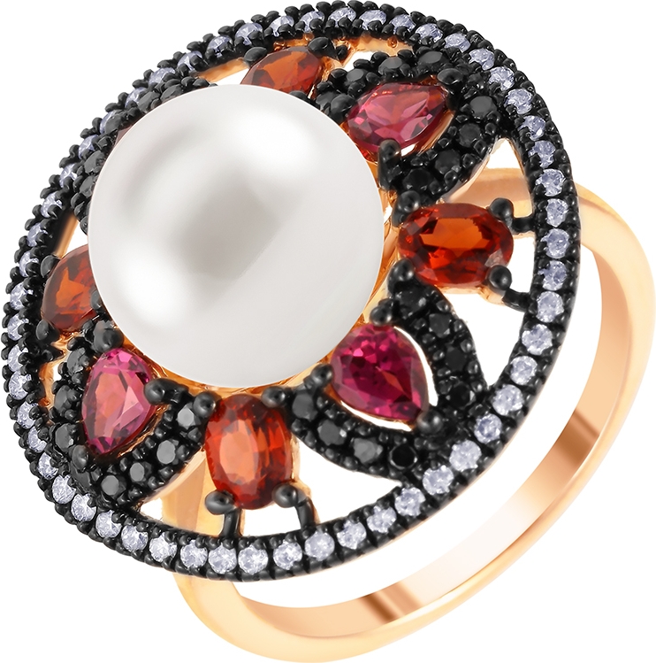 Кольцо с фианитами, бриллиантами и жемчугом из красного золота (арт. 749656)