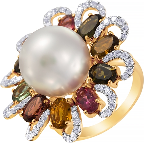 Кольцо с турмалинами, бриллиантами и жемчугом из красного золота (арт. 765037)
