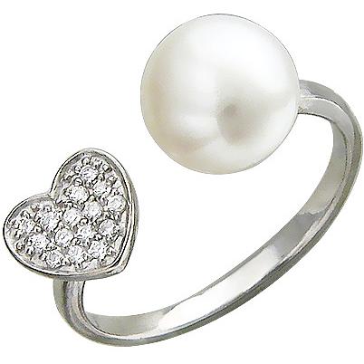 Кольцо безразмерное Сердцес жемчугом, фианитами из серебра (арт. 820549)