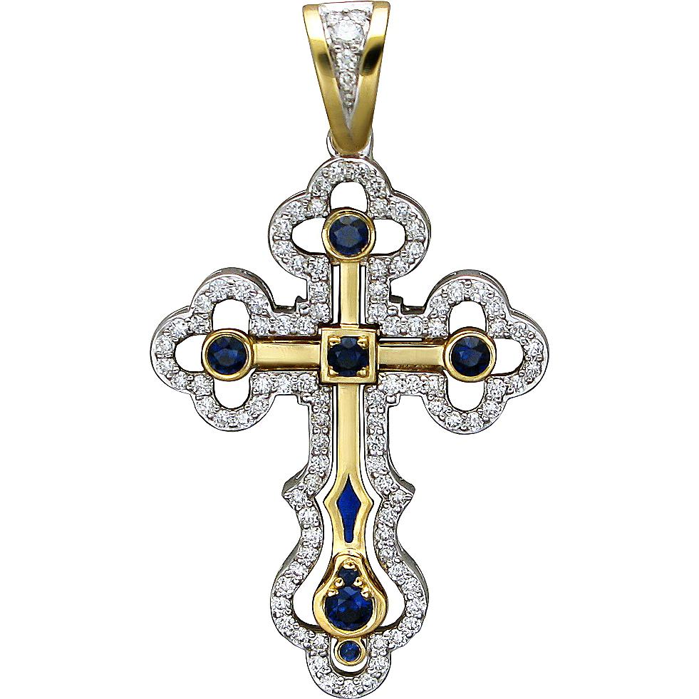 Крестик с бриллиантами, сапфирами и эмалью из комбинированного золота 750 (арт. 821819)