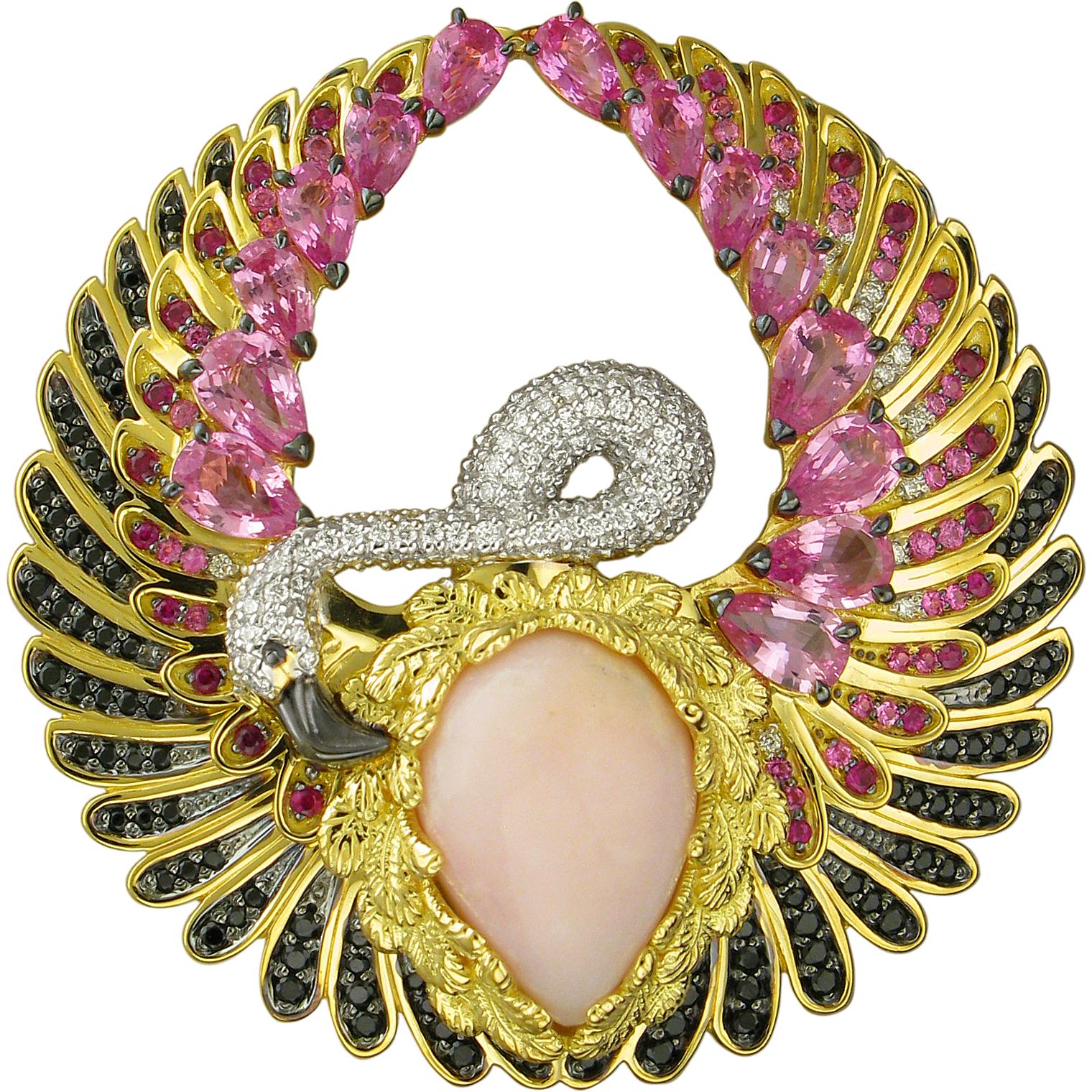 Брошь Фламинго с россыпью цветных и драгоценных камней из жёлтого золота (арт. 822678)