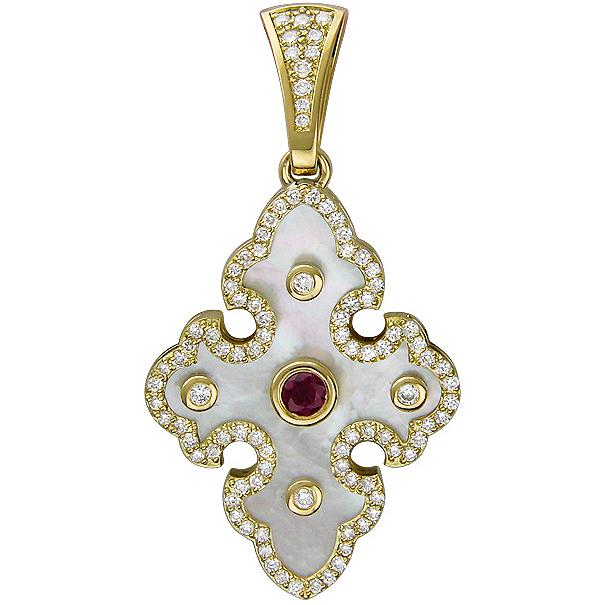 Крестик с перламутром, бриллиантами и рубином из жёлтого золота 750 пробы (арт. 826419)