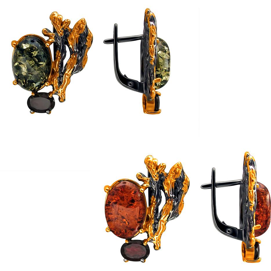 Серьги с фианитами, янтарем из чернёного серебра с позолотой (арт. 831168)