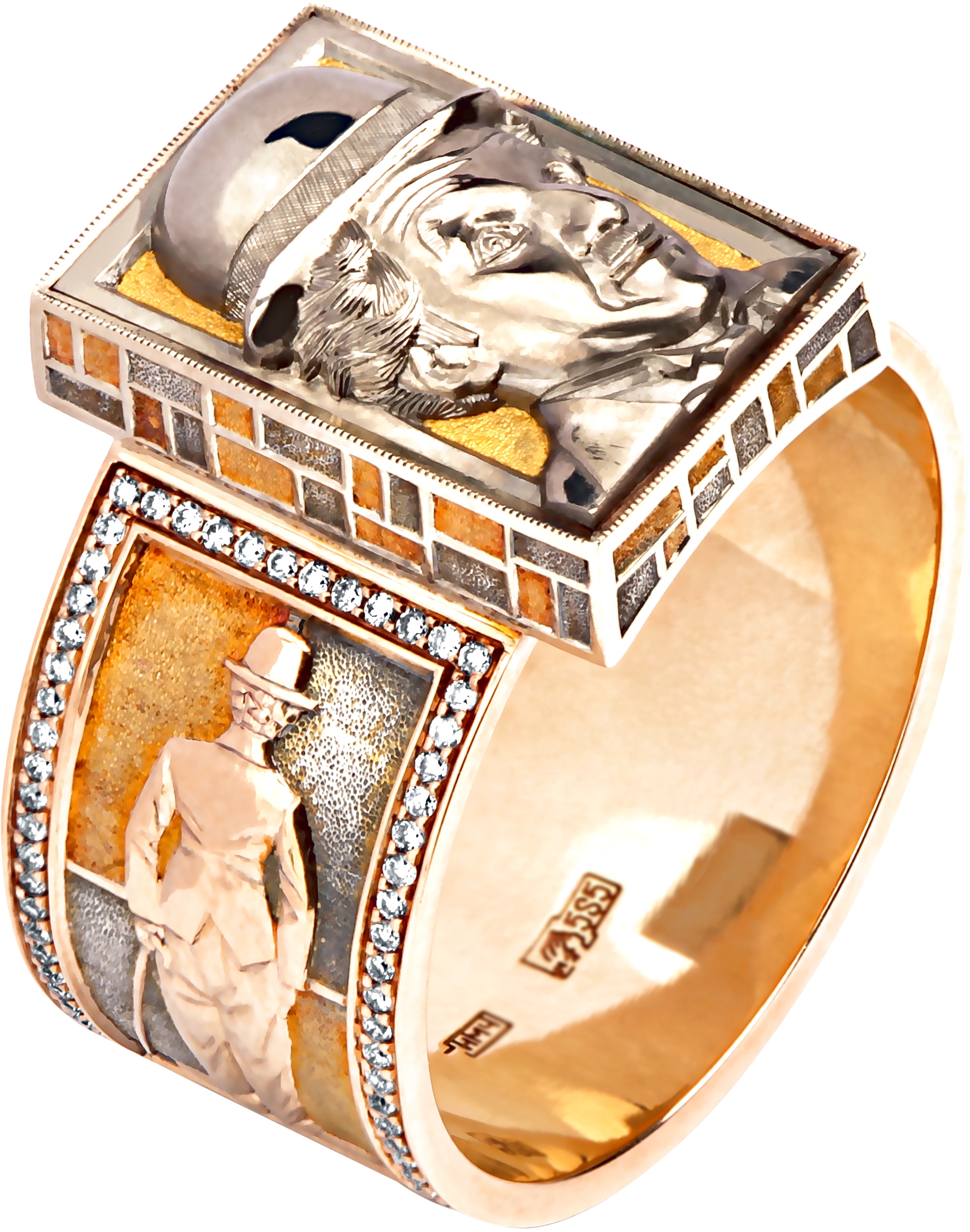Печатка Чарли Чаплин с 180 бриллиантами из комбинированного золота (арт. 837649)