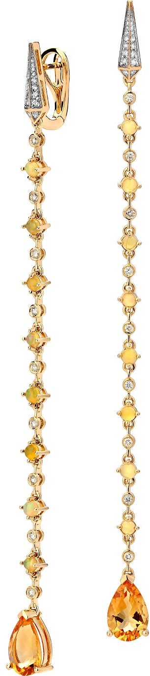 Серьги с цитринами, опалами и бриллиантами из жёлтого золота (арт. 838944)