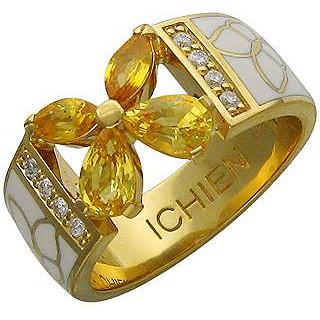 Кольцо с сапфирами, бриллиантами и эмалью из жёлтого золота 750 пробы (арт. 855392)