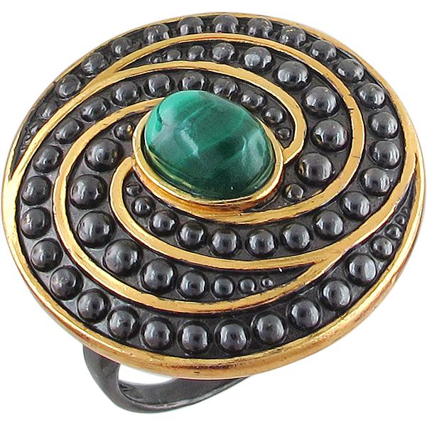 Кольцо с малахитами из чернёного серебра с позолотой (арт. 855500)