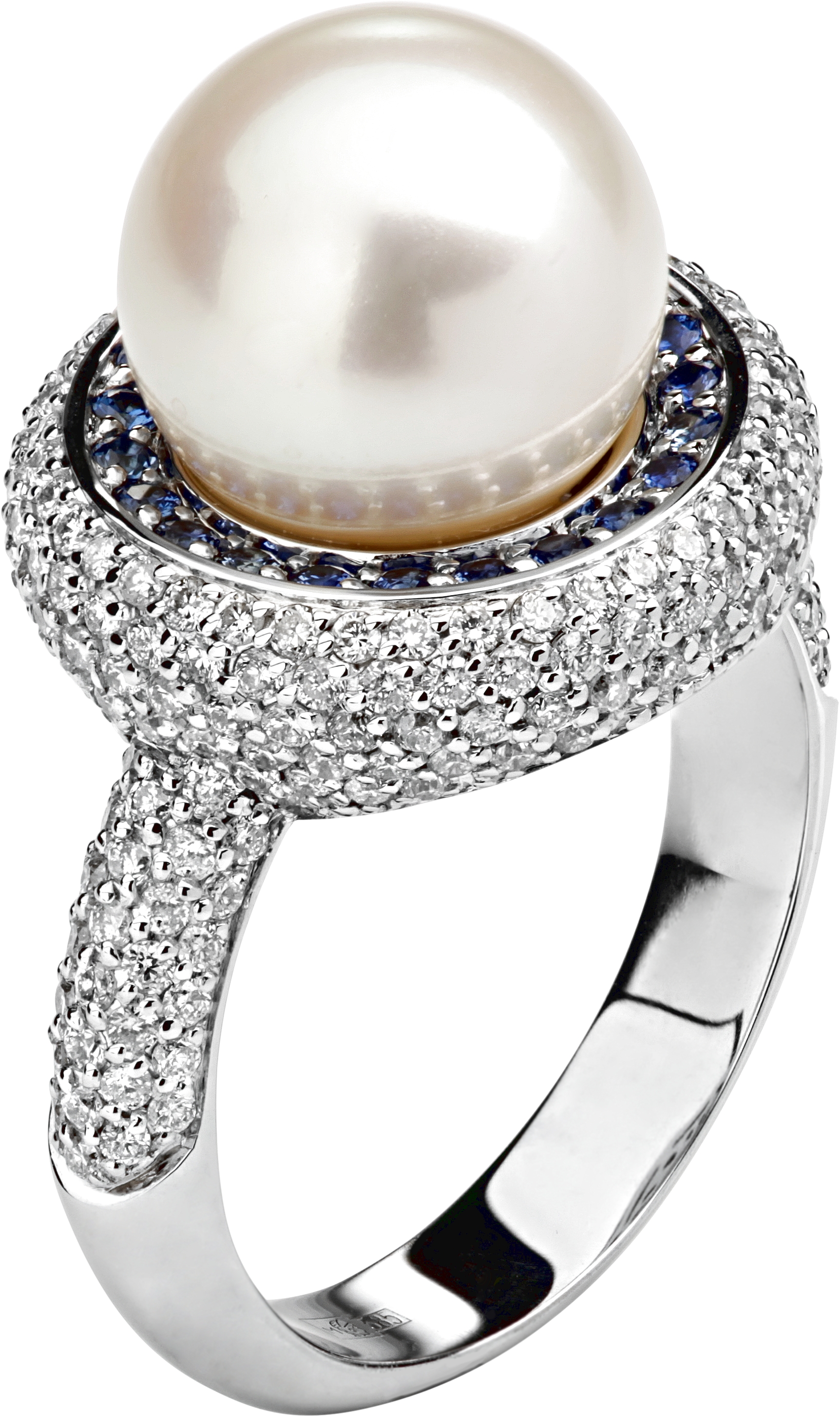 Кольцо с жемчугом, бриллиантами и сапфирами из белого золота (арт. 856303)
