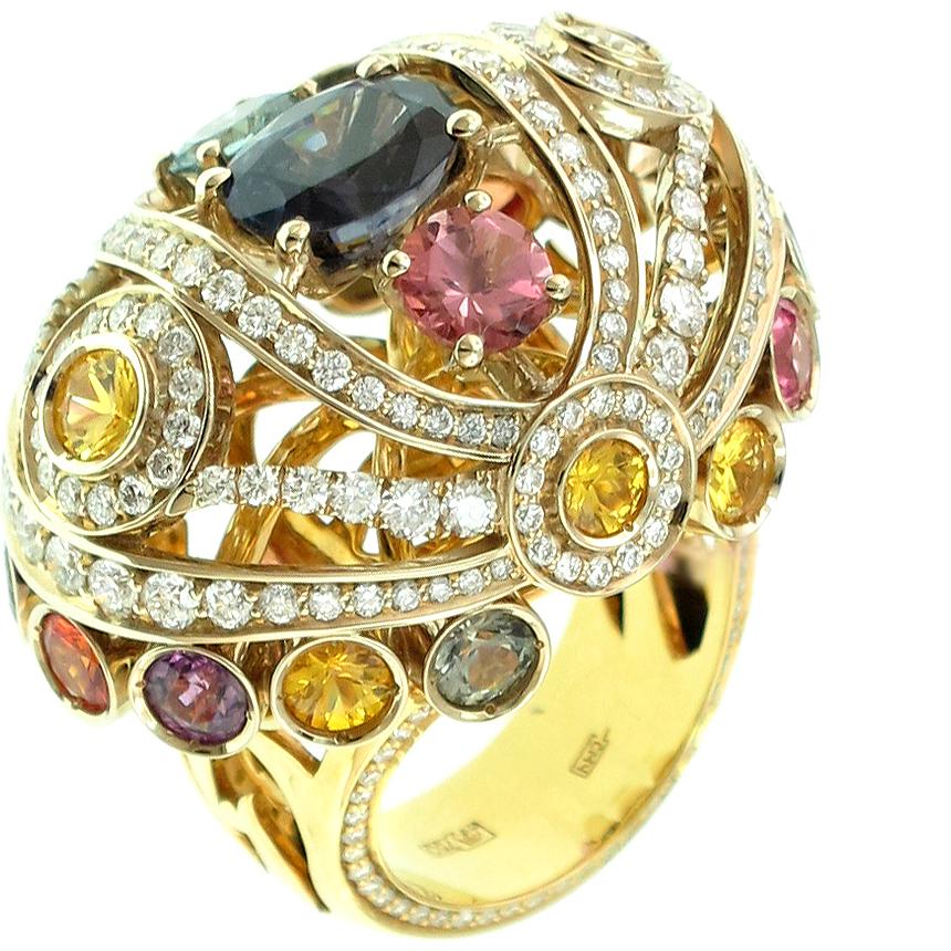 Кольцо с россыпью цветных и драгоценных камней из комбинированного золота (арт. 866209)