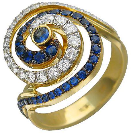 Кольцо с сапфирами и бриллиантами из жёлтого золота 750 пробы (арт. 872502)