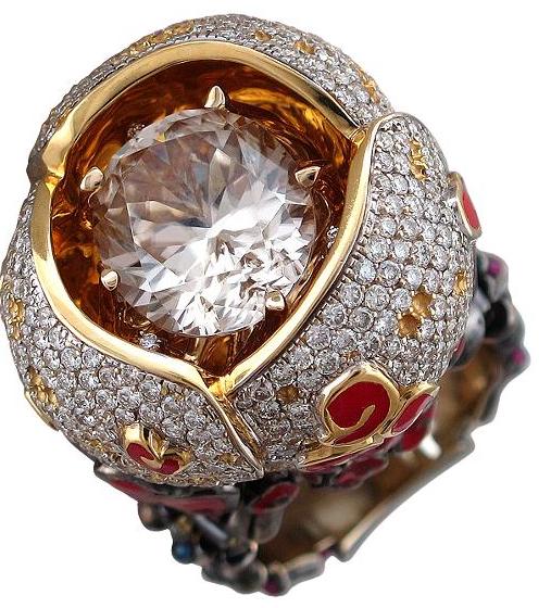 Кольцо с россыпью цветных и драгоценных камней из комбинированного золота (арт. 873682)
