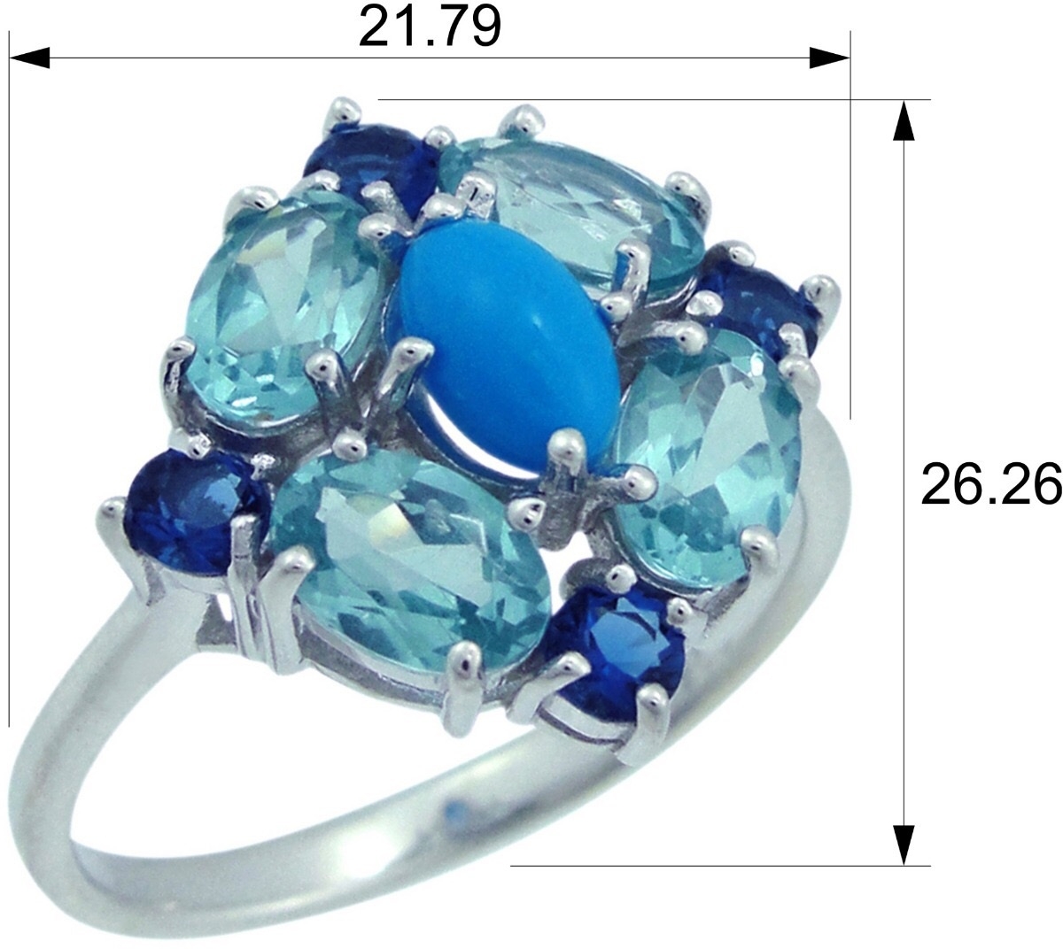 Кольцо с сапфирами, бирюзой и кварцами из серебра (арт. 2390641)