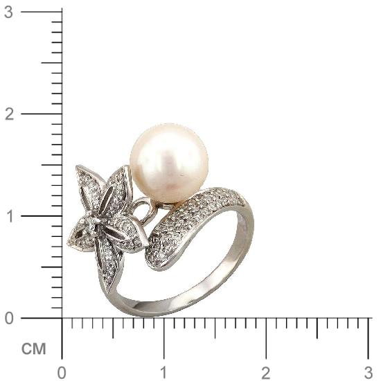 Кольцо Цветок с 86 бриллиантами, 1 жемчугом из белого золота  (арт. 302805)