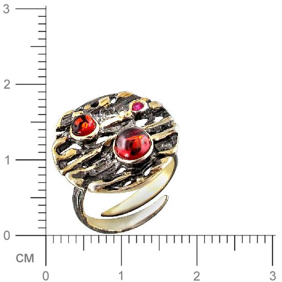 Кольцо с фианитами, янтарем из чернёного серебра с позолотой (арт. 337965)