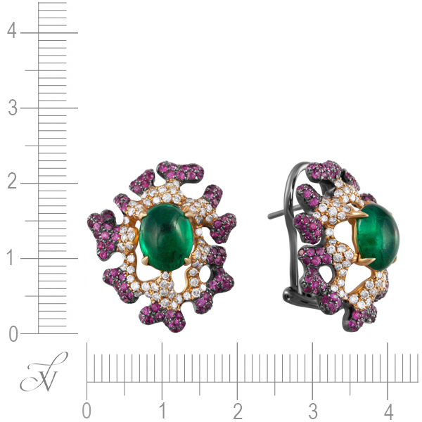 Серьги с изумрудами, рубинами и бриллиантами из комбинированного золота (арт. 705136)