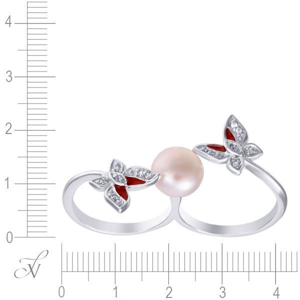 Кольцо на два пальца Бабочки с жемчугом, эмалью и фианитами из серебра (арт. 743127)