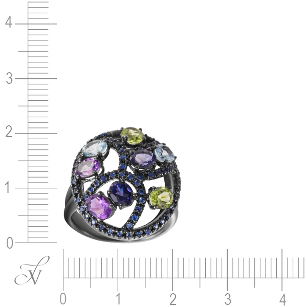 Кольцо с россыпью цветных и драгоценных камней из чёрного золота (арт. 760025)