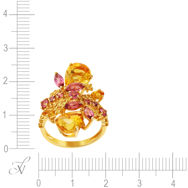 Кольцо с цитринами, родолитами и сапфирами из жёлтого золота (арт. 760997)