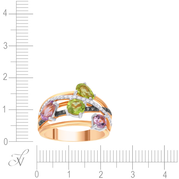 Кольцо с перидотами, аметистами и бриллиантами из красного золота (арт. 761027)