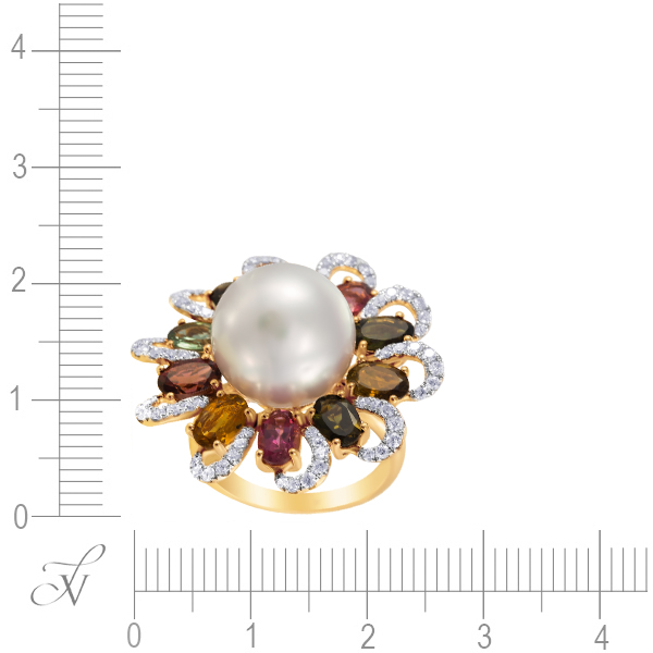 Кольцо с турмалинами, бриллиантами и жемчугом из красного золота (арт. 765037)